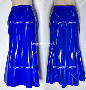 LJH24057彩ブルー L-XLサイズ 超光沢 フィッシュテール フレアスカート 膝下丈 ロングスカート