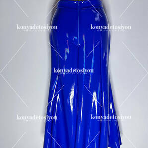 LJH24057彩ブルー L-XLサイズ 超光沢 フィッシュテール フレアスカート 膝下丈 ロングスカートの画像3