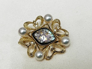 ☆MIKIMOTO/ミキモト K18 約6㎜パール ダイヤ4P ブローチ 貝M刻印《中古品/きれいめ》☆ 