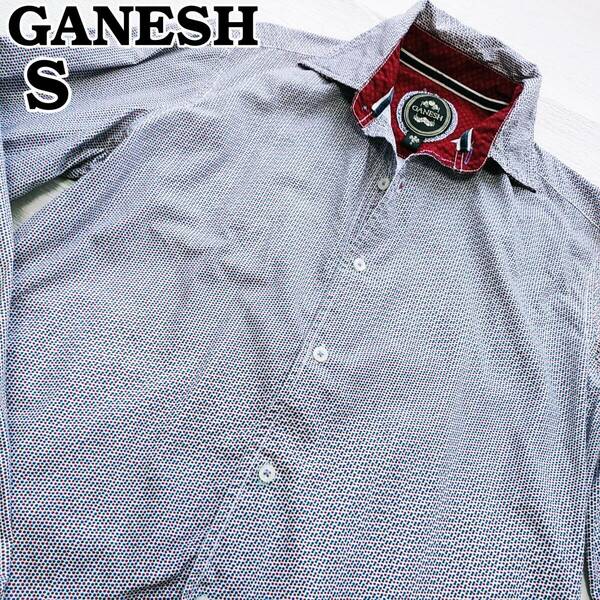 GANESH　ガネーシュ　メンズS　長袖シャツ　ドット　水玉　総柄シャツ　綿　240130-01