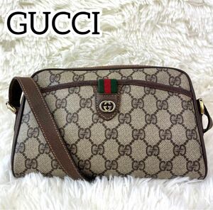 【美品】OLD GUCCI オールドグッチ GG ショルダーバッグ アクセコ シェリーライン レザー ブラウン　肩掛け　 PVC