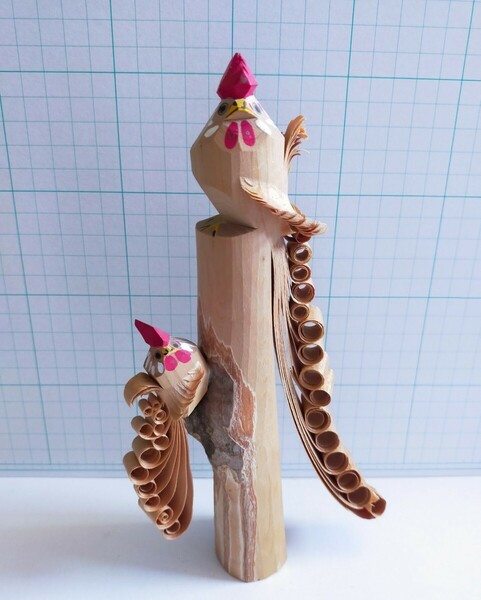 笹野一刀彫 五代目 戸田一郎　 尾長鶏　にわとり　鶏　木地玩具　山形伝統工芸　米沢郷土玩具 　木製　置物　オブジェ　