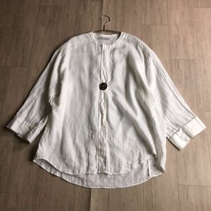 100円スタート♪ ZARA ザラ　リネン100 麻　ノーカラー ブラウス