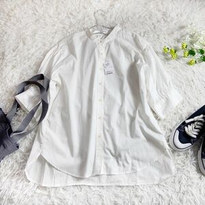 100 jpy start * tag attaching AMERICAN HOLIC american Hori k5 part sleeve band color shirt blouse width easy body type cover white 