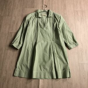 100円スタート□ crocodile クロコダイル ピンタック　vネック　チュニック　ブラウス　ストライプ