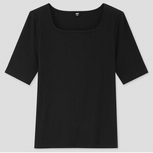 UNIQLO ユニクロ　リブスクエアネックT（5分袖）XL 黒