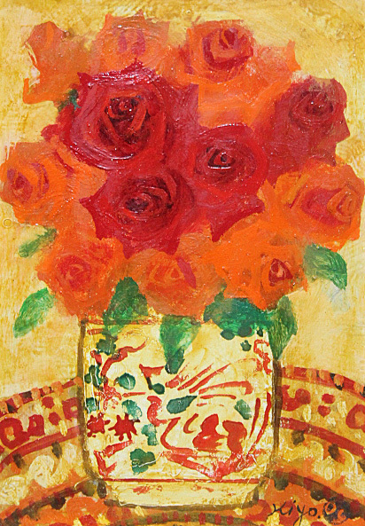 ■Keiichi Kiyohara ■ Kofukai Nitten [Rose dans un vase rouge] Peinture à l'huile SM Signée à la main Authenticité garantie, peinture, peinture à l'huile, peinture nature morte