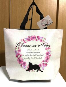 黒猫　ブラックキャット　花柄　保冷保温バッグ　保冷バッグ　クーラーバッグ　エコバッグ ランチトート　トートバッグ　お弁当バッグ