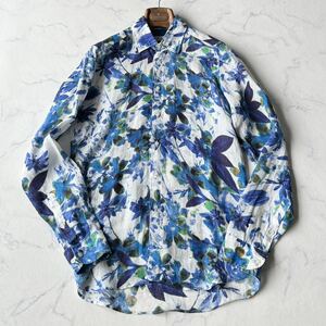 9895 爽やかリネン!! エトロ ETRO イタリア製 正規品 美品 長袖 シャツ 総柄 花柄 麻 今夏 重宝 ブルー ホワイト 青 白 L〜XL相当!!