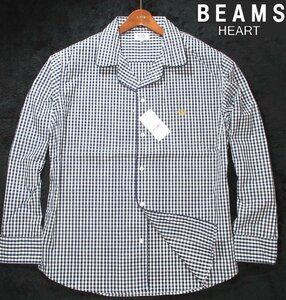 新品 春物 L ▼ ビームス BEAMS HEART ▼ 高密度 長袖シャツ ギンガム チェック ネイビーブルー 紺青 メンズ 王冠 クラウン ポケット