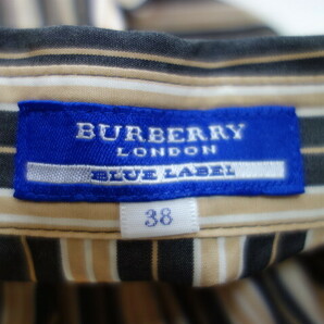 バーバリー Burberry London★フリルのプルオーバーブラウス★裾広がりデザイン★サイズ38★ストライプ★黒、白、薄茶色★ノースリーブの画像9