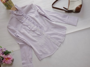  Nara Camicie NARACAMICIE* stripe pattern. frill blouse * size 1/M rank * white × lavender color * frill stand-up collar shirt 