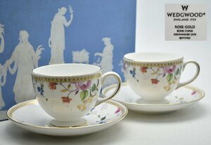 竜B868◆未使用 WEDGWOOD ウェッジウッド ROSE GOLD ローズゴールド コーヒー ティー カップ＆ソーサー 2客 珈琲 紅茶 碗皿