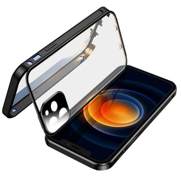 iPhone14 ケース 覗き見防止 アルミ バンパー 強化ガラス フルカバー 両面 360度 全面保護 スマホケース おしゃれ ブラック ワイヤレス充電