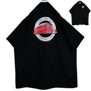 5629/STREAMLINE APPAREL 半袖 ワークシャツ 2XLビックサイズ●洗濯プレス済●ネコポス可●前後プリント DISTRIBUTION ビンテージカー 古着