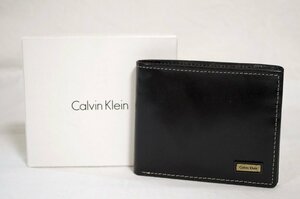  Calvin Klein CK* folding in half . inserting * black leather black silver metal fittings thin type suit business compact slim purse 