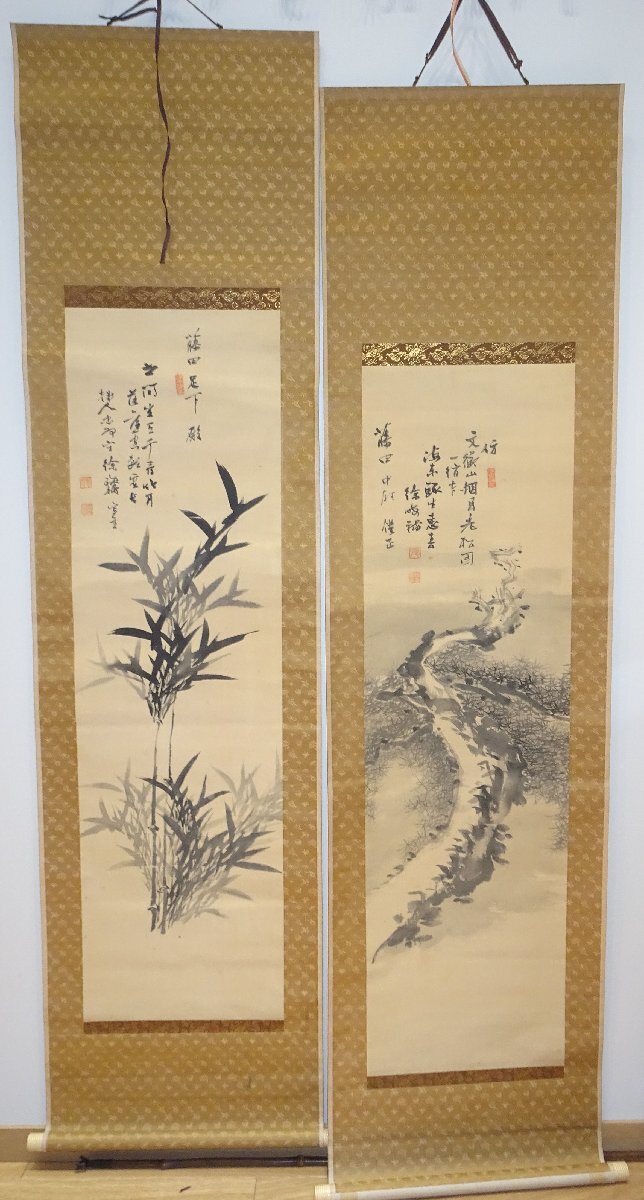 rarebookkyoto F9B-788 Lee-Dynastie-Gemälde von Shunsuke Xu, Keishun, Shochiku-Set in doppelter Breite, Tinte auf Seide, um 1920, Kyoto-Antiquität, Malerei, Japanische Malerei, Landschaft, Fugetsu
