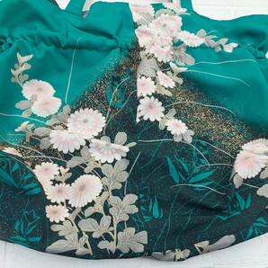 100円～ 着物リメイク 振り袖で作ったバッグ■緑色の花柄 巾着型肩掛けトートバッグ・大の画像3