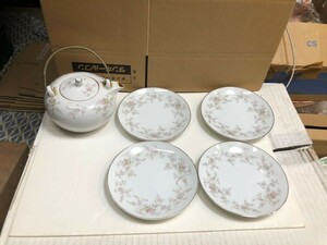 HG428 送料無料　Noritake china ノリタケ 花柄 茶壷　茶瓶丸皿セット5点　食器　和食器