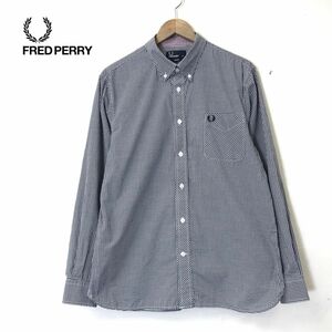 M2192-N◆美品◆ FRED PERRY フレッドペリー 長袖シャツ BD ボタンダウン ロゴ刺繍 ◆sizeM ブラック チェック コットン100 ロゴ刺繍