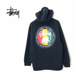 M2099-N◆00s◆old stussy ステューシー パーカー フーディー ラスタカラー プリント ロゴ ◆ sizeL ブラック マルチ コットン ポリ