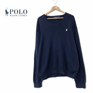 M2095-N◆良品◆ POLO Ralph Lauren ポロラルフローレン コットンニット 長袖セーター Vネック ◆sizeXL ネイビー 紺 綿 ロゴ刺繍