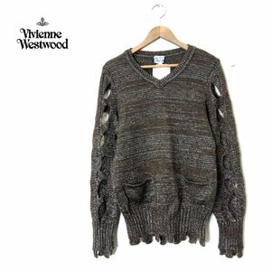 M2084-N◆タグ付き美品◆ Vivienne Westwood ヴィヴィアン・ウエストウッド デザインニット セーター ラメ系◆size44 ブラウン ポリ ウール