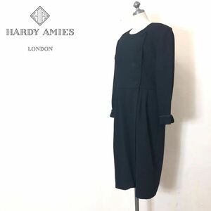 M2631-F-N◆ HARDY AMIES バーディエイミス ノーカラーワンピース フォーマル ◆ size13AR ウール100 ブラック 古レディース