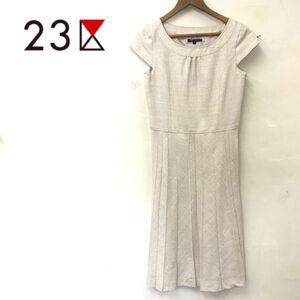 M2651-G-N◆23区 ニジュウサンク ワンピース◆size38 毛 絹 ベージュ 無地 レディース 半袖 トップス スカート ツイード フォーマル 膝丈