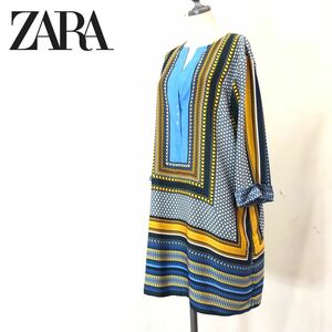 M2532-F-N◆ ZARA ザラ ノーカラーブラウスワンピース シャツ ◆ sizeL ポリエステル100 マルチカラー 総柄 古着 レディース 春夏