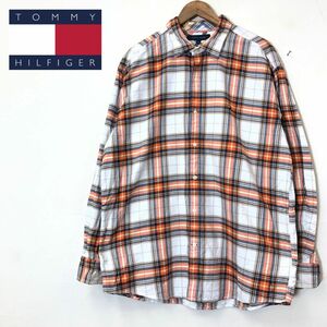 M2508-F-N◆ TOMMY HILFIGER トミーヒルフィガー 長袖シャツ トップス チェック 総柄 ◆ sizeXL コットン100 オレンジ 古着 メンズ 春