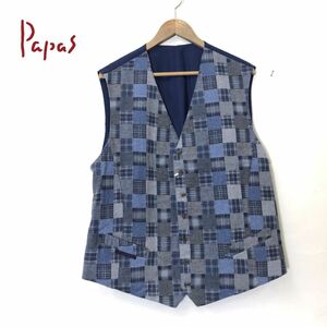 M2574-D◆タグ付き美品◆ Papas パパス パッチワーク調 ベスト ジレ 切替 メンズ ◆ sizeLL ブルー ネイビー チェック コットン キュプラ