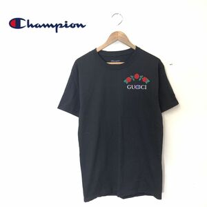 M2311-T-N◆Champion チャンピオン 半袖Tシャツ カットソー クルーネック 刺繍 プルオーバー◆sizeM ブラック メンズトップス コットン100