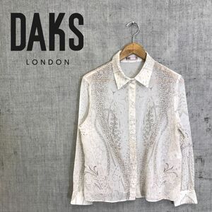 M2245-G◆美品◆DAKS ダックス シャツ◆size11 綿100% 日本製 総柄 ホワイト レディース トップス 長袖 カジュアル 模様 ボタン ベージュ