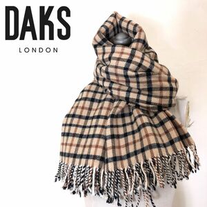 M2159-F◆ DAKS ダックス ハウスチェックマフラー ストール フリンジ ◆ size FREE ウール ブラウン 総柄 レディース ユニセックス