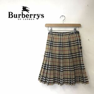 M2222-G-N◆美品◆burberrys バーバリーズ プリーツスカート◆size10 ウール100% チェック ベージュ レディース ボトムス ベルト 膝丈