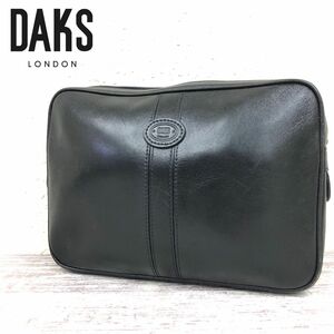 M2157-F-N◆ DAKS ダックス レザーポーチ バッグ 鞄 ロゴ 裏地チェック 柄 ◆ size FREE 革 ブラック 黒 単色 レディース