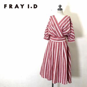 A742-U◆FRAY I.D フライアイディー ロングワンピース ミモレ丈 半袖 パフスリーブ ストライプ柄 きれいめカジュアル◆size0 赤 白 リネン