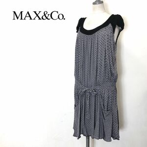 A654-O-S◆良品◆ Max&Co. マックスアンドコー ワンピース 総柄 ドット リボン シャーリング 半袖◆sizeL レーヨン グレー