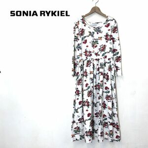 A641-O-N◆日本製◆ SONIA RYKIEL ソニアリキエル ロングワンピース 総柄 花 チェリー フレア 長袖◆sizeM コットン ホワイト 白