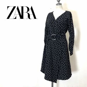 A637-O-N◆ ZARA ザラ カシュクールワンピース ベルト ドット フレア◆sizeXS ネイビー