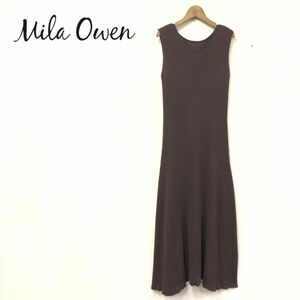 A483-K◆良品 Mila Owen ミラオーウェン ノースリーブリブニットロングワンピース◆size0 ブラウン 無地 カジュアル マキシ丈 レディース