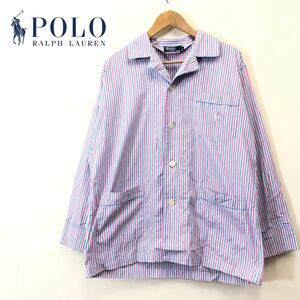 A383-F◆ POLO RALPH LAUREN ポロラルフローレン オープンカラージャケット ストライプ ◆ sizeL コットン100 古着 メンズ 春