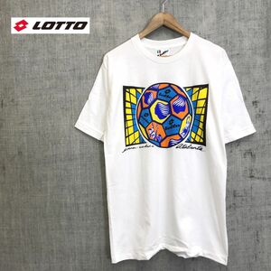 A326-D◆old◆USA製◆ lotto ロット 半袖Tシャツ カットソー プリント サッカー ◆sizeM ホワイト マルチ 総柄 コットン100