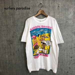 A229-T-N◆90s◆SURFERS PARADISE QUEENSLAND 半袖Tシャツ アート プリント クルーネック◆sizeL ホワイト メンズ トップス コットン100