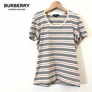 A195-F-S◆ BURBERRY LONDON バーバリー 半袖Tシャツ カットソー ボーダー ◆ size1 テンセル ポリウレタン ベージュ 古着 レディース 春夏