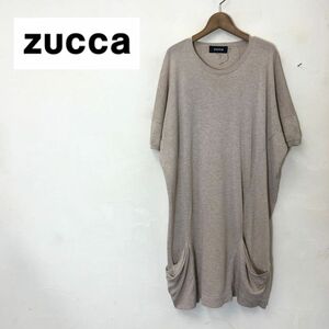 A170-K-S◆zucca ズッカ 半袖ニットワンピース◆sizeM ベージュ 薄手 綿100% ポケットデザイン カジュアル 膝丈 レディース ゆったり