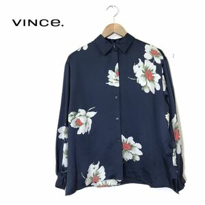 A98-N◆ Vince ヴィンス シルクシャツブラウス 長袖 身幅広め ゆったり レディース ◆ sizeS ネイビー マルチ 花柄 絹