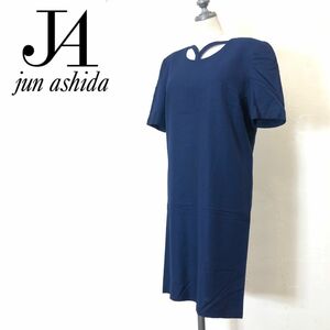 A34-F◆ JUN ASHIDA ジュンアシダ 半袖ワンピース バックファスナー ◆ size7 レーヨン100 ネイビー 古着 レディース 春夏