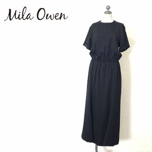 A779-U◆Mila Owen ミラオーウェン ロングワンピース 半袖 アンクル丈 バンドカラー 無地 きれいめカジュアル◆size1 ブラック セルロースの画像1